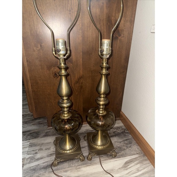 Other - Set Of 2 Vintage Brass Table Lamps Amber Glass Globe 35" Tall 3-Way Ornate Base